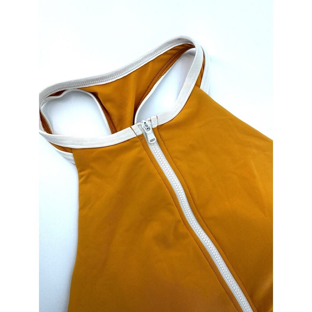CALIA Women's 10 Halter Racerback 1/4 Zip One Piece Swimsuit Marigold Shine NWOT - Picture 4 of 8